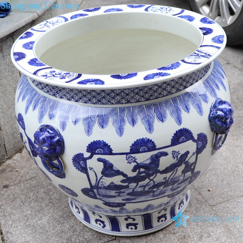 Blue and white handmade porcelain pots of lotus design with ears