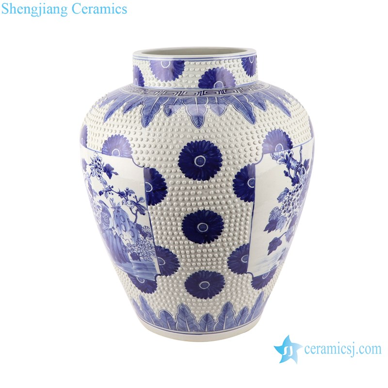 Blue&white handmade porcelain flower&birds design storage pot