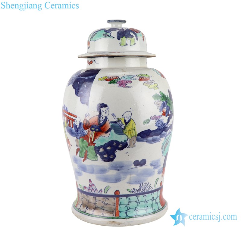 RZKT40 Jingdezhen Antique The character Playing Design Colorful  Porcelain Storage Ginger Jars Pot