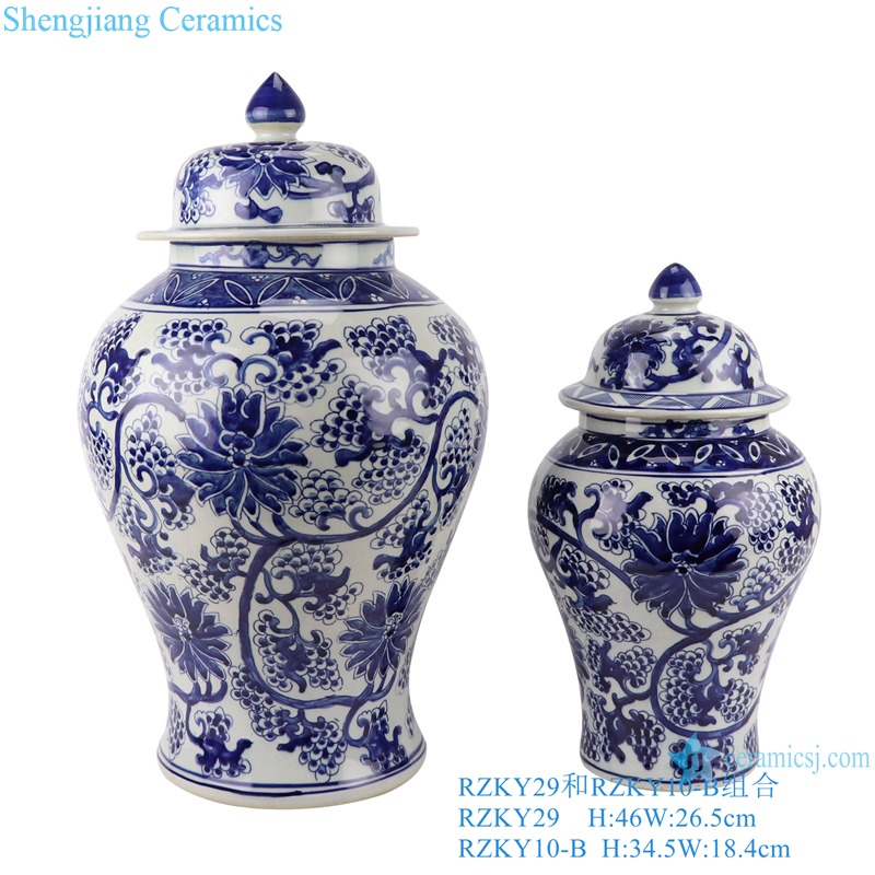 RZKY29 Ancient Blue and white winding flower Grapes hand paint general tank storage ginger jars