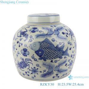 RZKY30 Blue and white porcelain Fish and algae shrimp design round storage jars Sealed Container