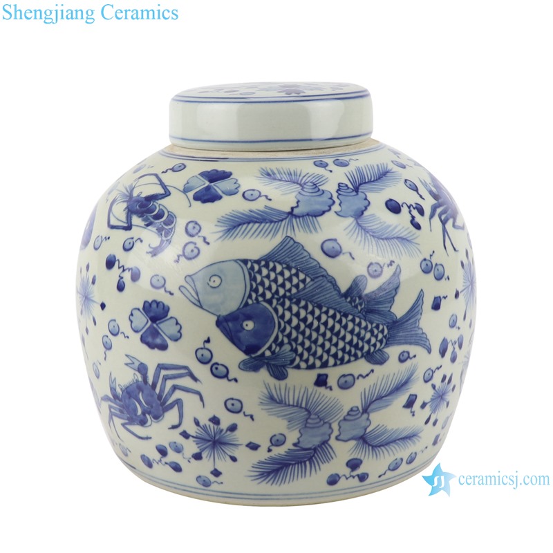 RZKY30 Blue and white porcelain Fish and algae shrimp design round storage jars Sealed Container 