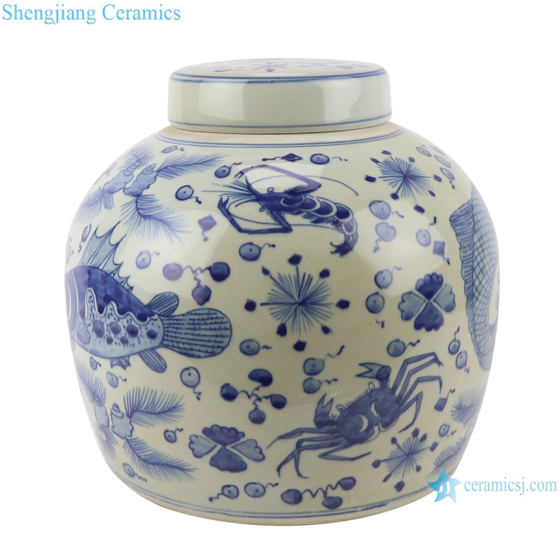 RZKY30 Blue and white porcelain Fish and algae shrimp design round storage jars Sealed Container