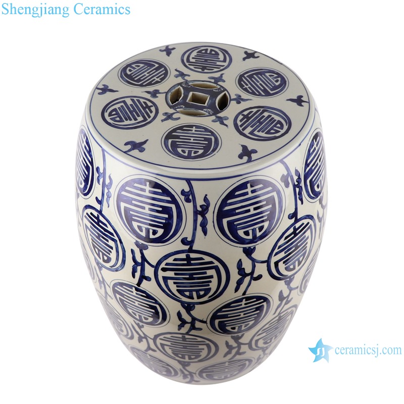 RZKY31 Antique Blue and White longevity Design Striped Ceramic Garden Stool Porcelain drum stool