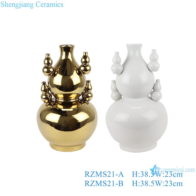 RZMS21-A-B Simple Gold plated white color gourd shape with 4 gourd design Ceramic vase
