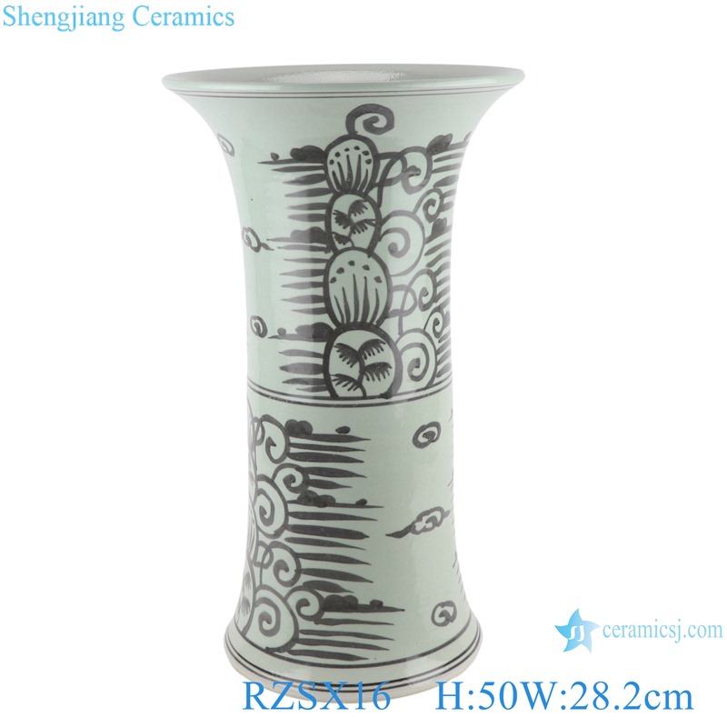 RZSX16 Grisaille Hand painting Porcelain Black Coconut Tree Sea Grass wide Mouth Vase