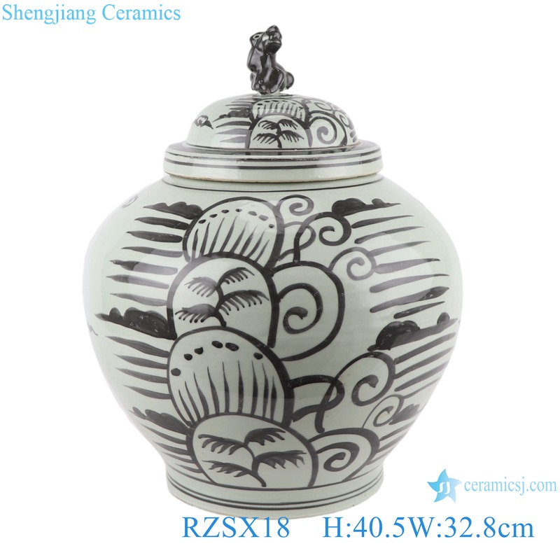 RZSX18 Antique Grisaille Porcelain Jars Black painting Coconut Tree Ceramic round ladded Storage Ginger jars 