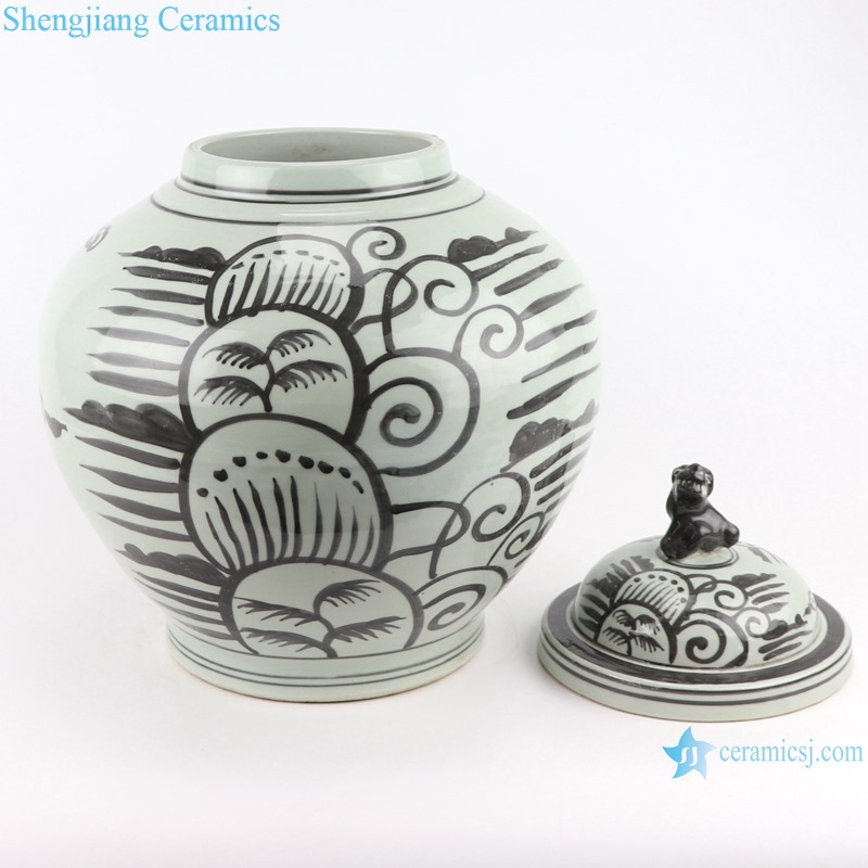 RZSX18 Antique Grisaille Porcelain Jars Black painting Coconut Tree Ceramic round ladded Storage Ginger jars