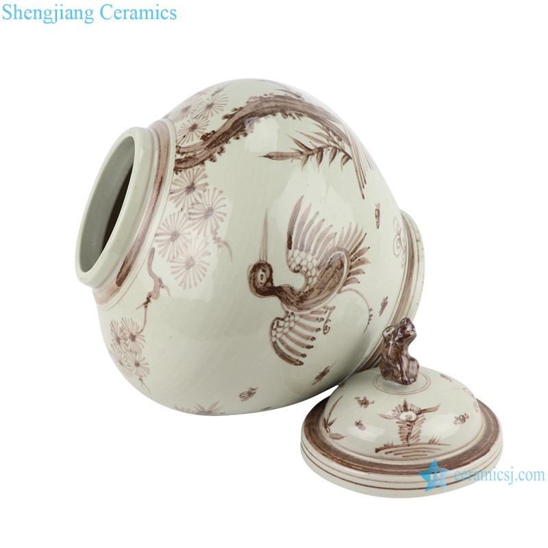 RZSX19 Brown hand painted Bird and Crane Ceramic storage Ginger Jars with dog head lid