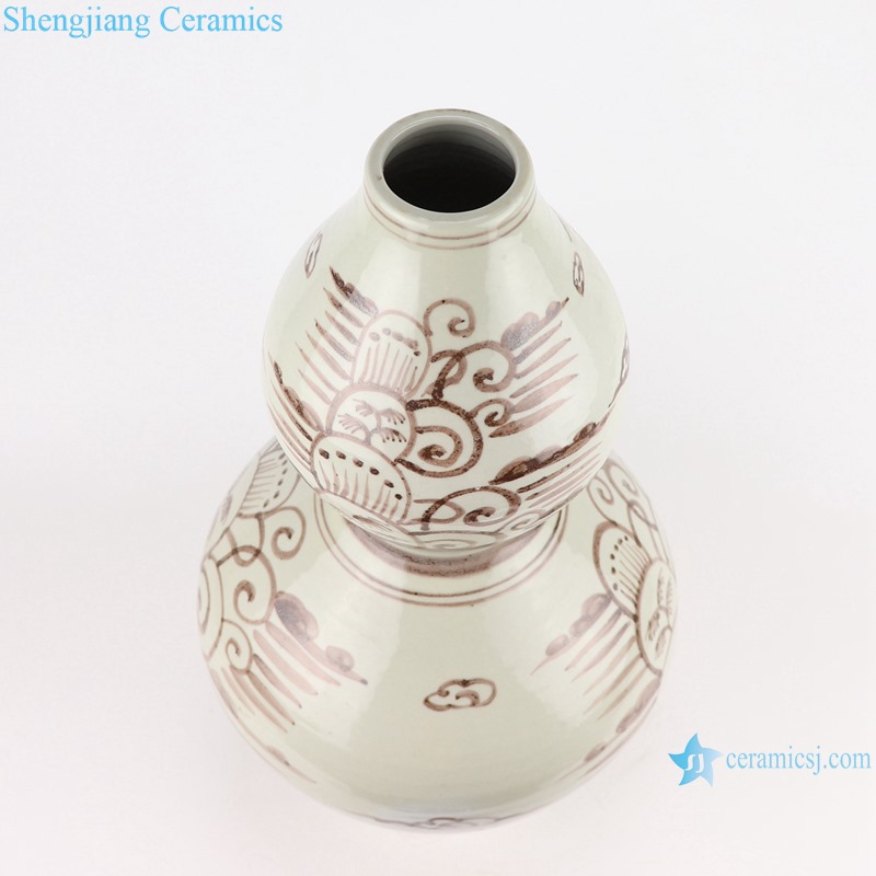 RZSX25-A-B Ink and Brown color Antique Coconut Tree Sea Grass design Ceramic Bottle gourd shape Vase