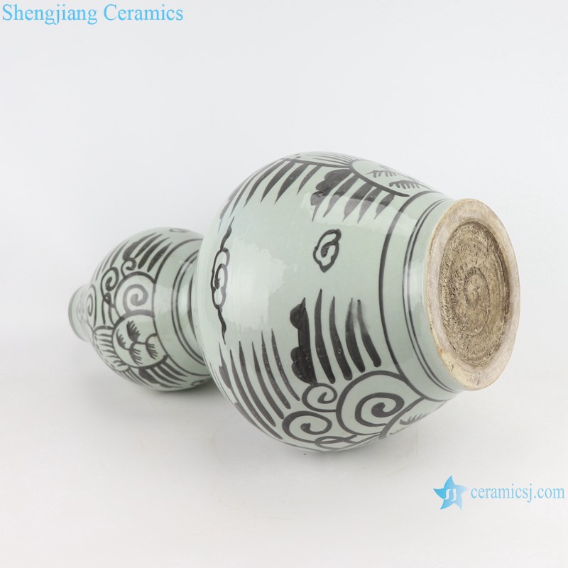 RZSX25-A-B Ink and Brown color Antique Coconut Tree Sea Grass design Ceramic Bottle gourd shape Vase