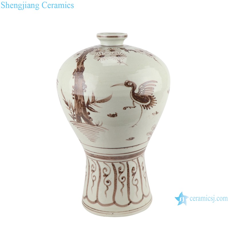 RZSX28 Jingdezhen Brown Color Antique crane and bird Hand painting Porcelain Plum Bottle Vase