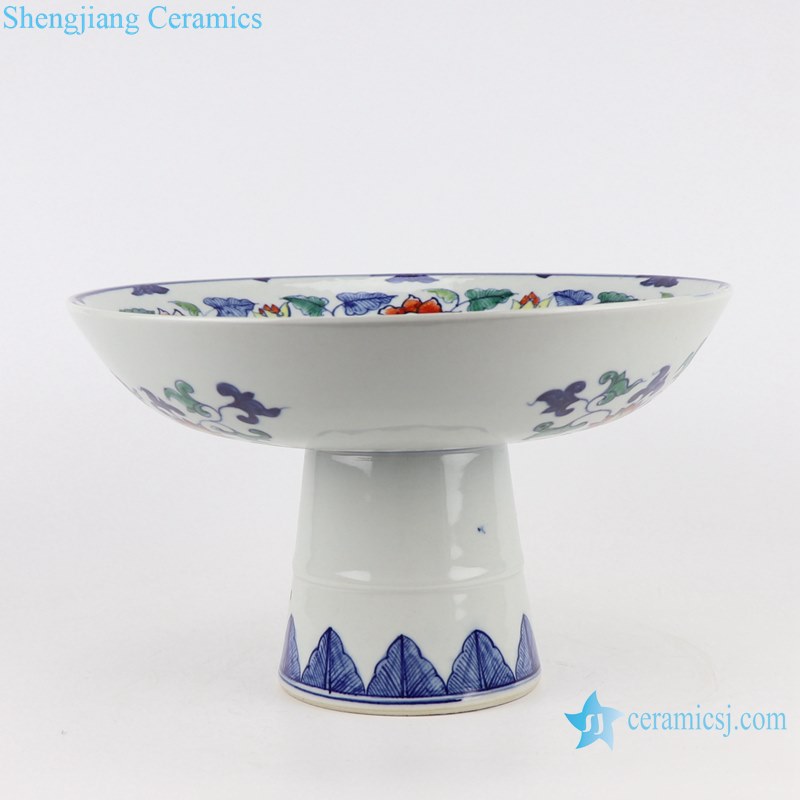 RZSZ10 Antique Colorful Twinning leaf Lotus Flower Bird design Ceramic Fruit Plate With Stand
