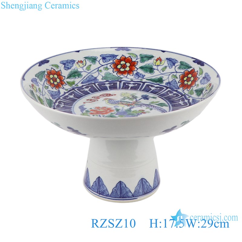 RZSZ10 Antique Colorful Twinning leaf Lotus Flower Bird design Ceramic Fruit Plate With Stand
