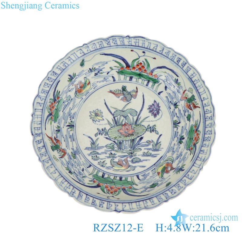 RZSZ12-E Antique Ducks Playing in the Water Colorful Lotus Flower Design Ceramic Decorative Plate