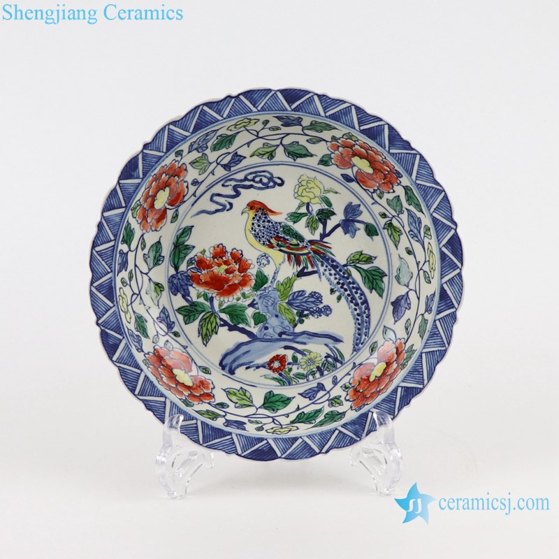 RZSZ12-F Antique Caragana Floral Bird Peony Flower Design Stripe Line Decorative Porcelain Plate