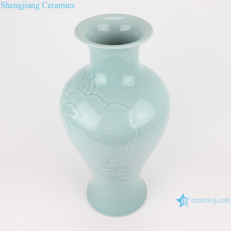 RZTM01 Sky cyan color Glazed Ceramic Vase Peony Flower Carving Fish Tail Pomegranate bottle