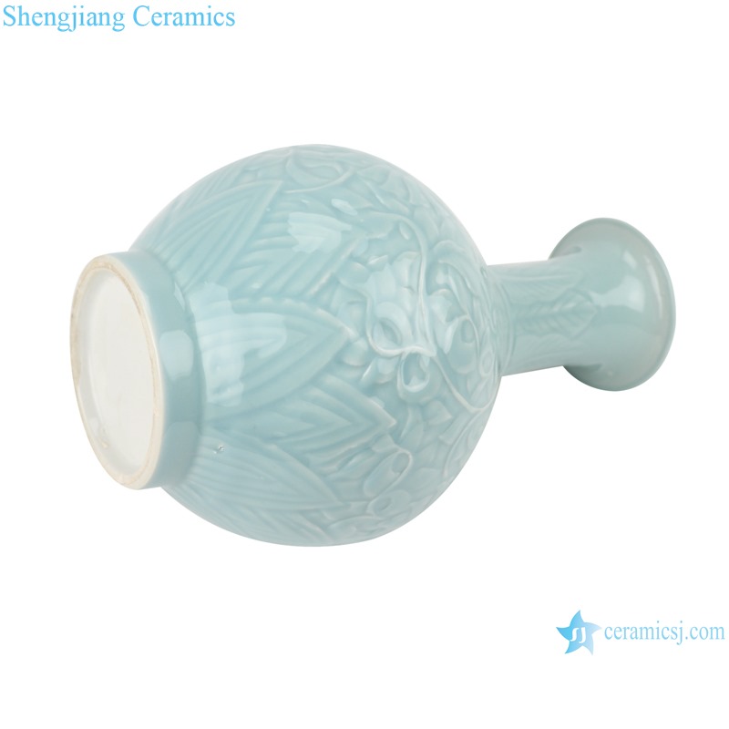 RZTM01 Sky cyan color Glazed Ceramic Vase Peony Flower Carving Fish Tail Pomegranate bottle