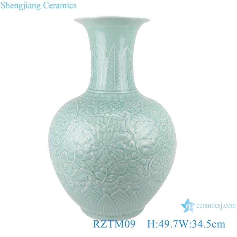 RZTM09 Crystal Glazed Shadow Sky cyan Lotus flower Ceramic Vase Peony Flower Carving Porcelain 