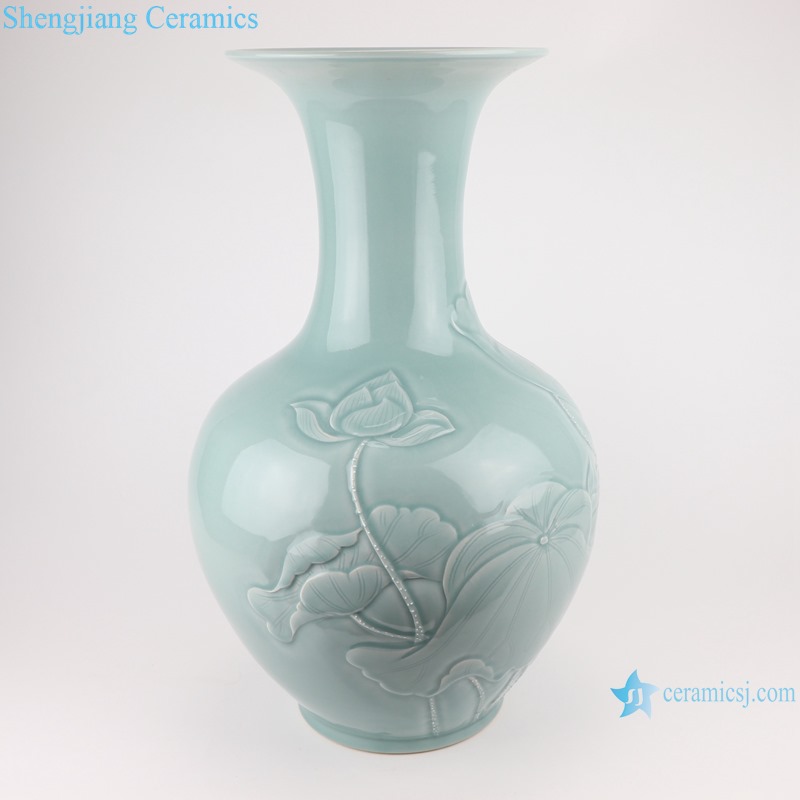 RZTM09 Crystal Glazed Shadow Sky cyan Lotus flower Ceramic Vase Peony Flower Carving Porcelain