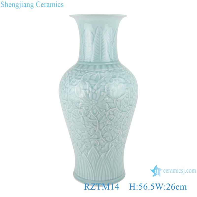 RZTM09 Crystal Glazed Shadow Sky cyan Lotus flower Ceramic Vase Peony Flower Carving Porcelain