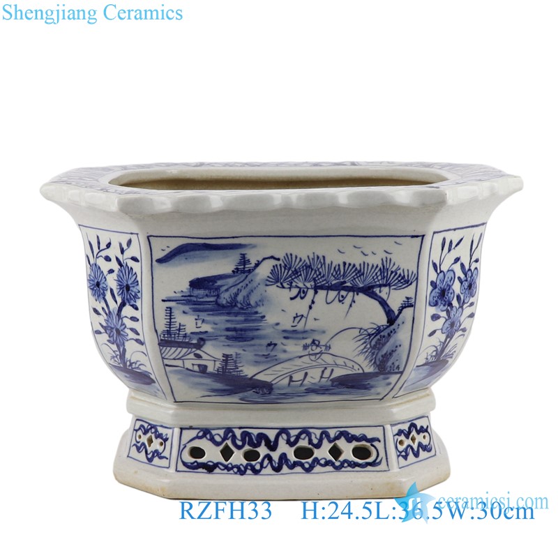 Antique Ceramic Pot Blue and White Porcelain Octagonal Flower Planter 