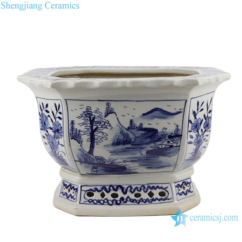 RZFH33  Antique Ceramic Pot Blue and White Porcelain Octagonal Flower Planter