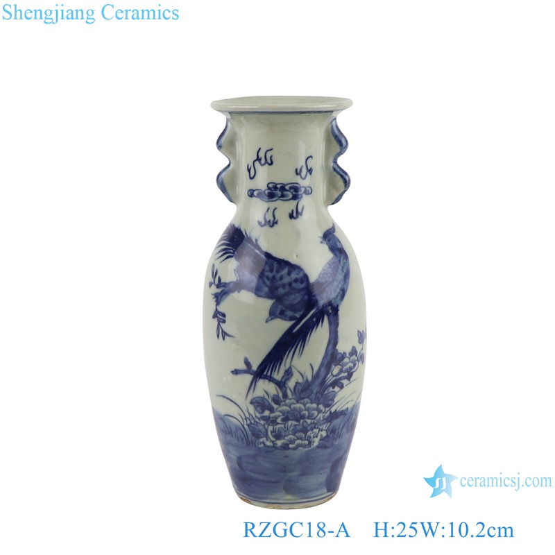 Blue and White Porcelain Flower Bird Character Motif Fish Tail Porcelain Table Vase