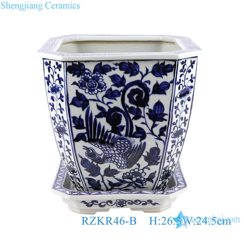 RZKR46-A-B Blue and White Porcelain Octahedral Waterseed crane Peony Flower Motif Garden planter pot with Saucer