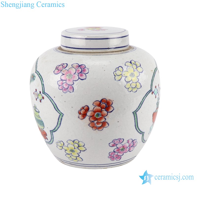 RZKT41-A-B Porcelain Famille rose Character Open Window Antique Floral pattern Ceramic Pot Ancestor Jars