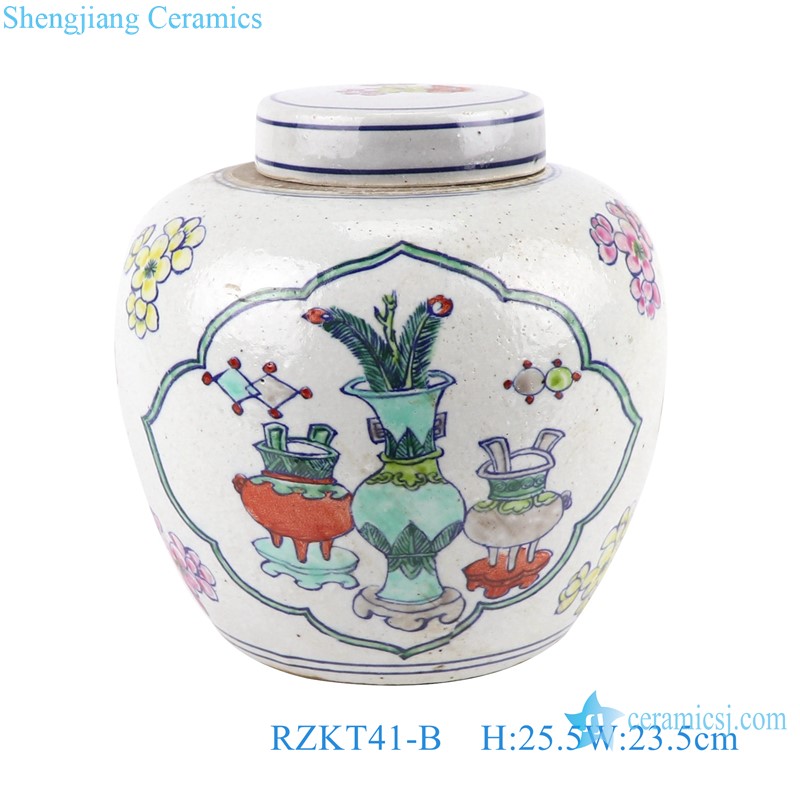 RZKT41-A-B Porcelain Famille rose Character Open Window Antique Floral pattern Ceramic Pot Ancestor Jars