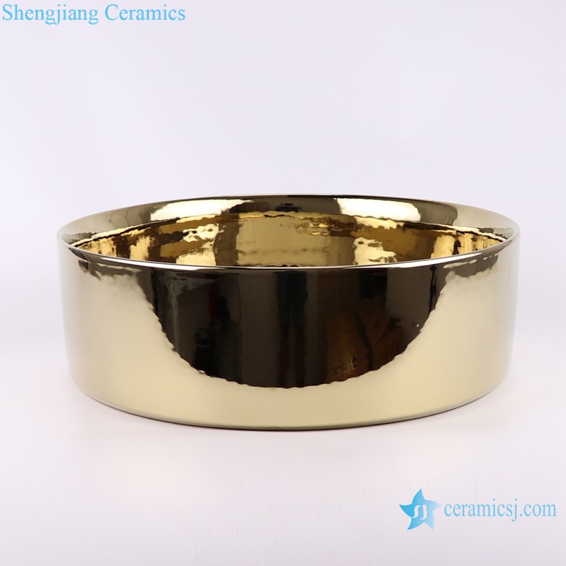 Shiny Surface Round Porcelain Gold Plated Bathroom Sink Ceramic Platform Wash Basin