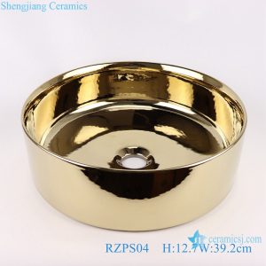 RZPS04 Shiny Surface Round Porcelain Gold Plated Bathroom Sink Ceramic Platform Wash Basin