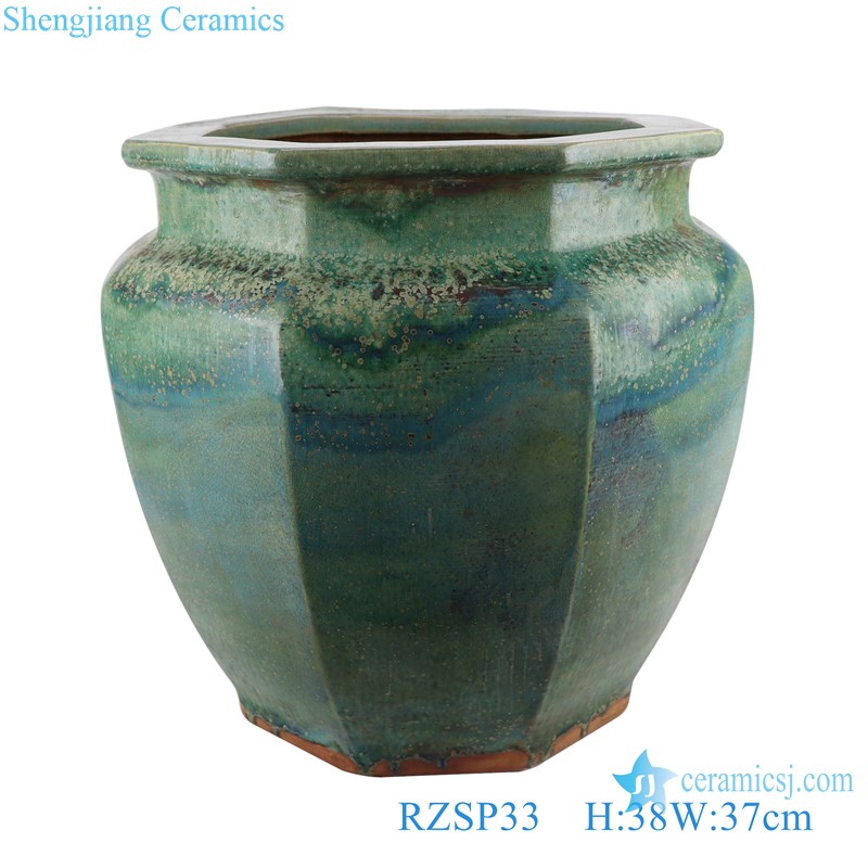 Antique Porcelain Kiln Turns green Color Glazed Octahedron Ceramic Planter Home Garden Pot