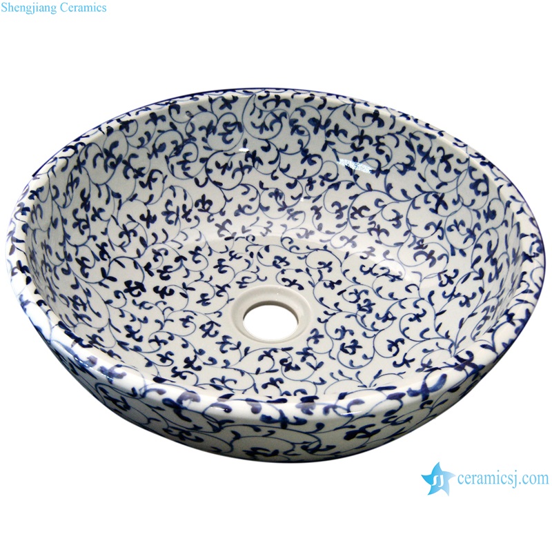 RYBF209-js Blue and White Porcelain Wash Basin Twisted flower Ceramic Bathroom sink
