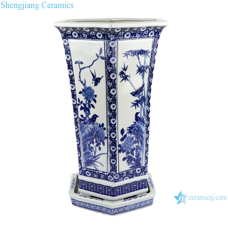 RYJF77 Blue and white Porcelain flower and bird six-square Ceramic planter vase with sauce