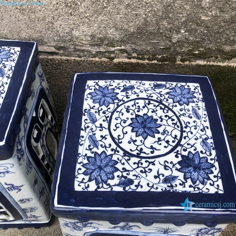 RYNQ261 Jingdezhen Blue and white Hollow out Square shape Home Seat Ceramic Garden Drum Stool