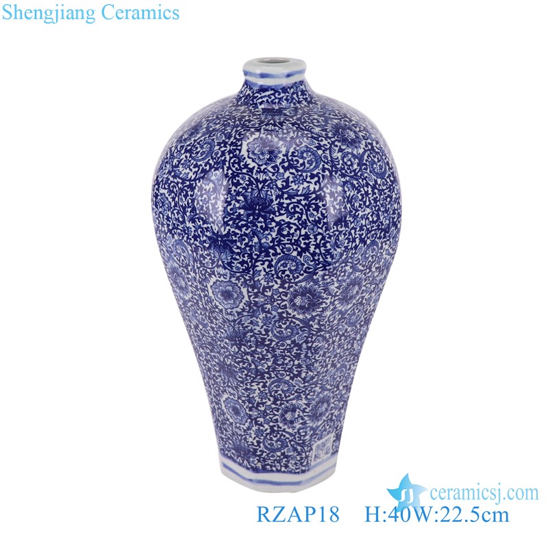 Twisted Flower Pattern Blue and White Ceramic Octagonal appreciation bottle Plum Vase