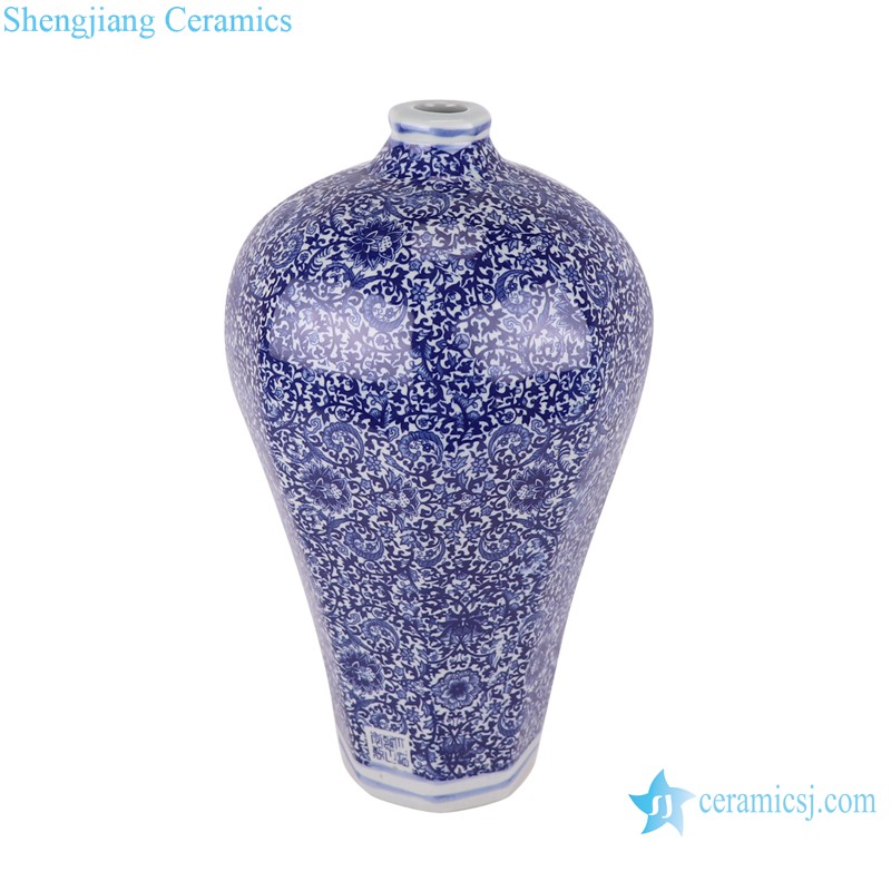 RZAP18 Twisted Flower Pattern Blue and White Ceramic Octagonal appreciation bottle Plum Vase