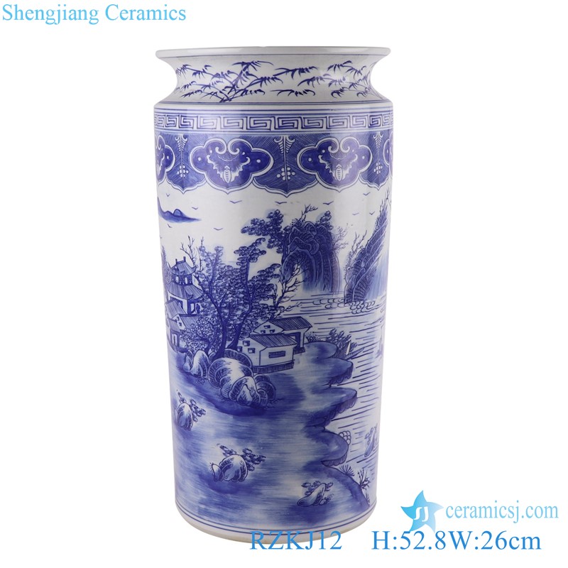 Blue and White Ceramic Umbrella Stand Holder Round Straight cylinder Landscape Porcelain Vase