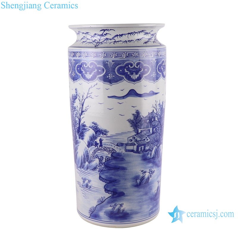 RZKJ12 Blue and White Ceramic Umbrella Stand Holder Round Straight cylinder Landscape Porcelain Vase