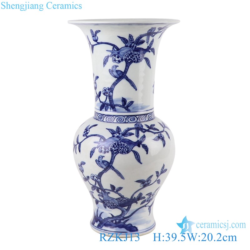 Blue and white Ceramic wide mouth Tabletop Vase Flower and Bird pomegranate shape Mushroom bottle 