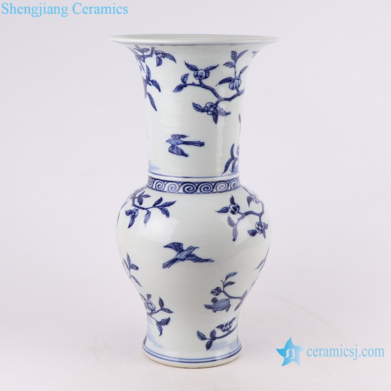 RZKJ13 Blue and white Ceramic wide mouth Tabletop Vase Flower and Bird pomegranate shape Mushroom bottle