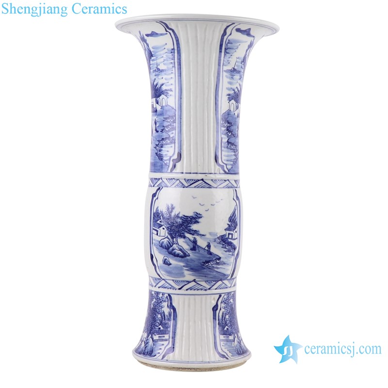 RZKJ14 Blue and white Ceramic wide mouth Tabletop Vase Open window Landscape pattern Porcelain bottle