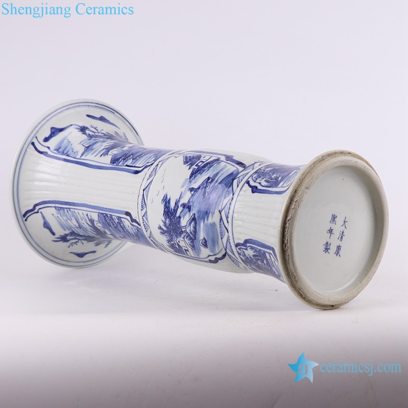 RZKJ14 Blue and white Ceramic wide mouth Tabletop Vase Open window Landscape pattern Porcelain bottle