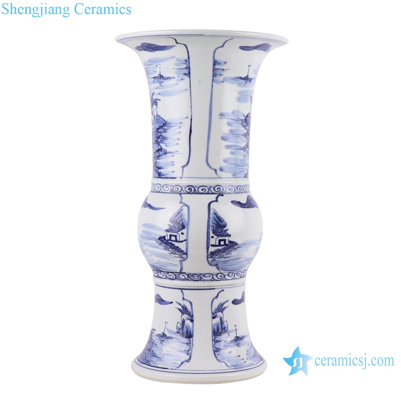 RZKJ15 Antique Blue and white Porcelain wide mouth Tabletop Vase Landscape Character pattern