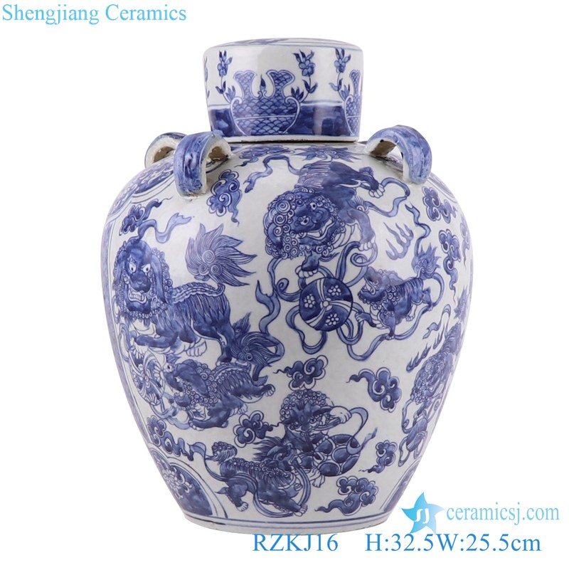 Blue and white Porcelain Animal Lion Playing Ball Pattern Ceramic Ginger Jars Tea Canister Pot