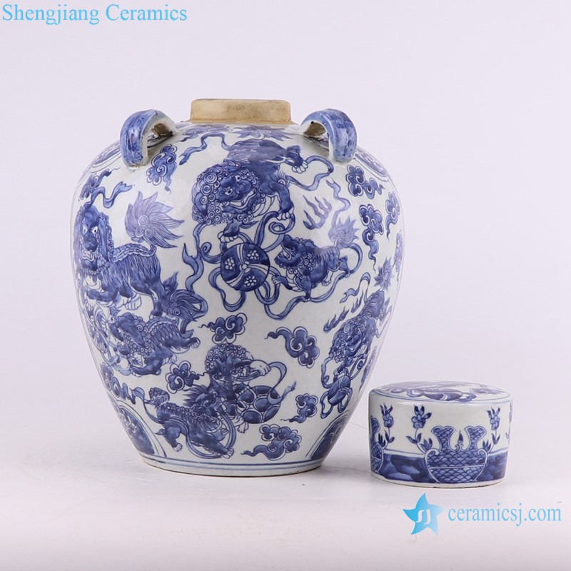 RZKJ16 Blue and white Porcelain Animal Lion Playing Ball Pattern Ceramic Ginger Jars Tea Canister Pot