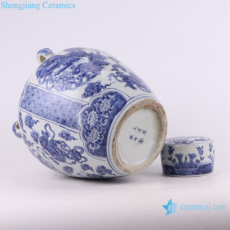 RZKJ16 Blue and white Porcelain Animal Lion Playing Ball Pattern Ceramic Ginger Jars Tea Canister Pot