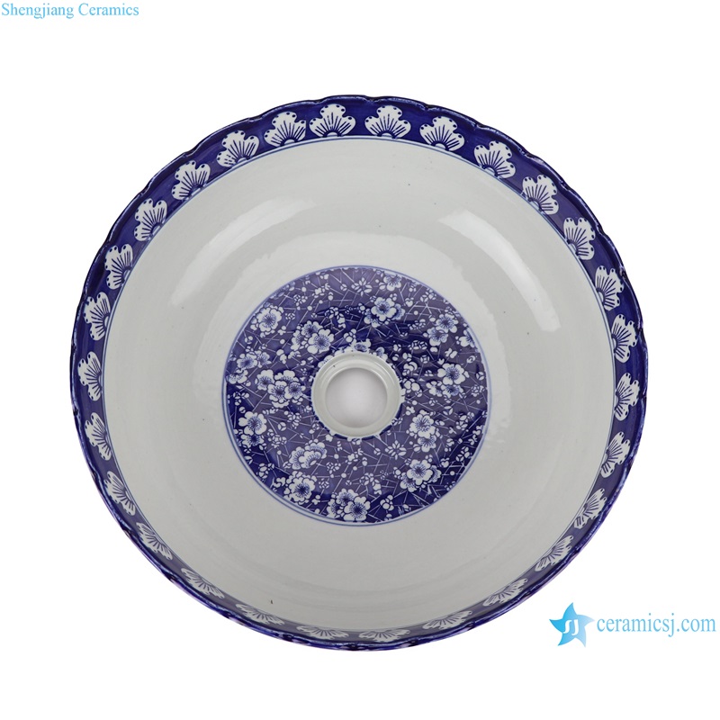 RZLE10-C Blue and White flower design Round shape basin Ceramic Plum Flower Bathroom Sink